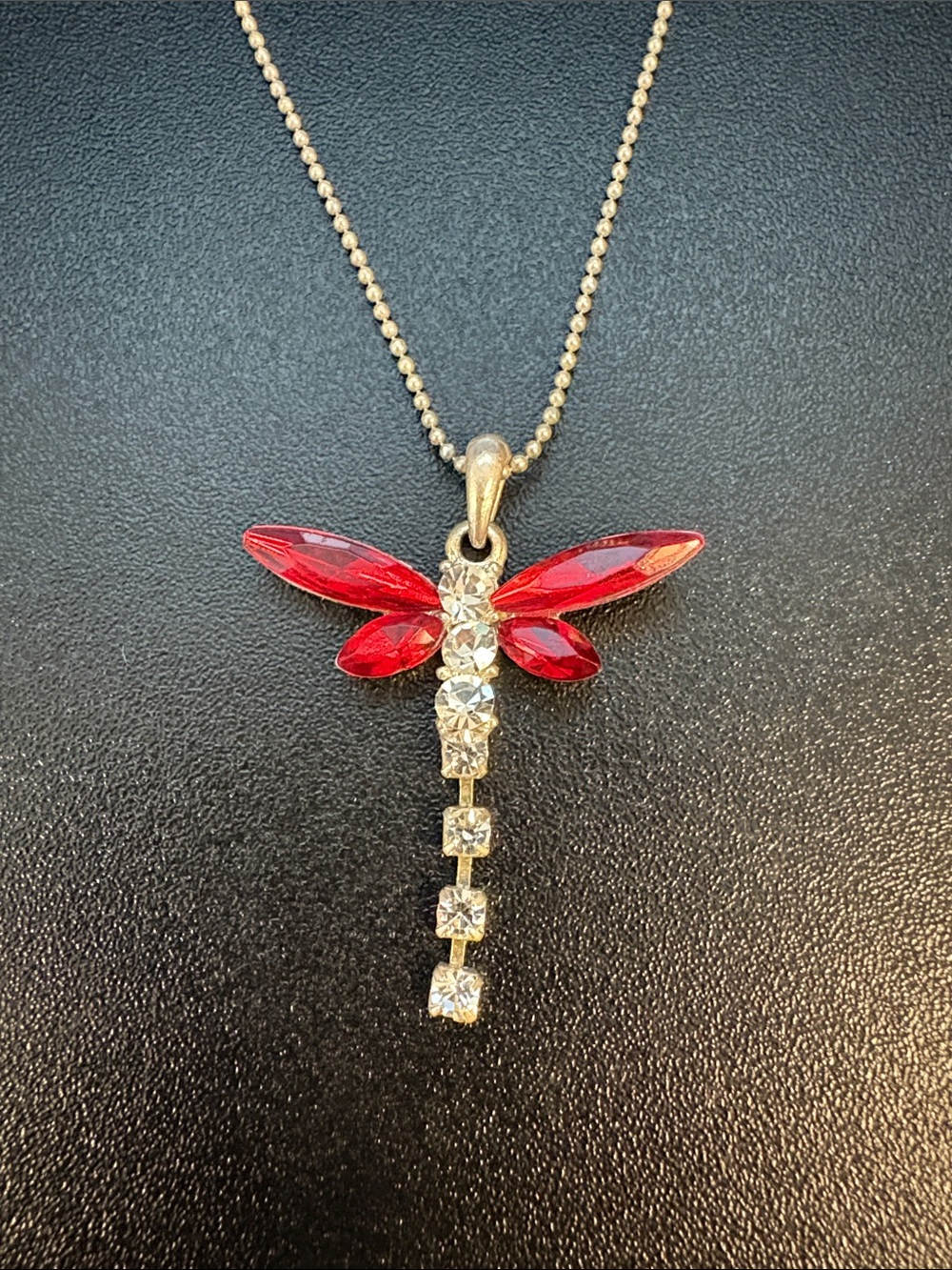 Pretty Red Dragonfly Crystal Pendant Statement Necklace